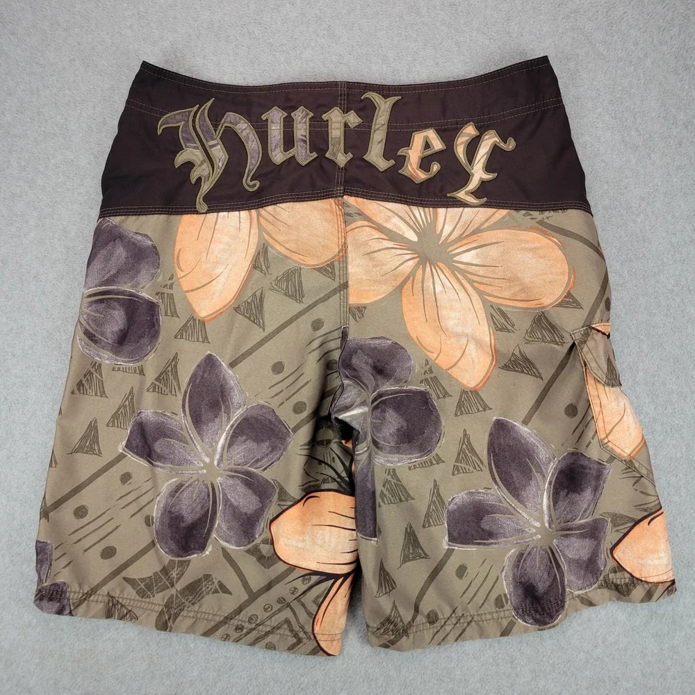 Hurley Board Shorts Mens 34 Olive Orange Floral Embroidered Logo Y2K